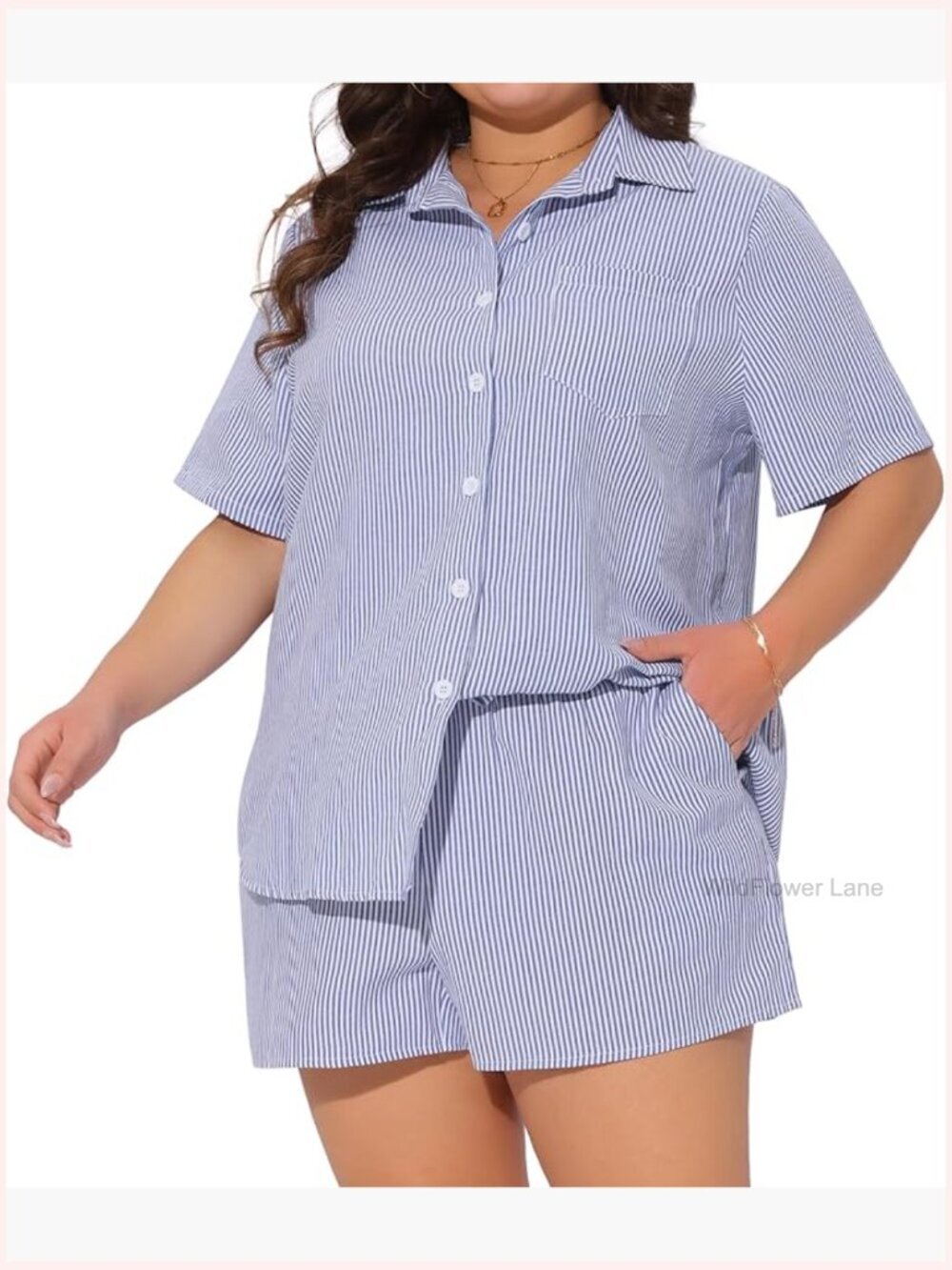 Plus Size 2 Piece Short Set Striped Button Down Top